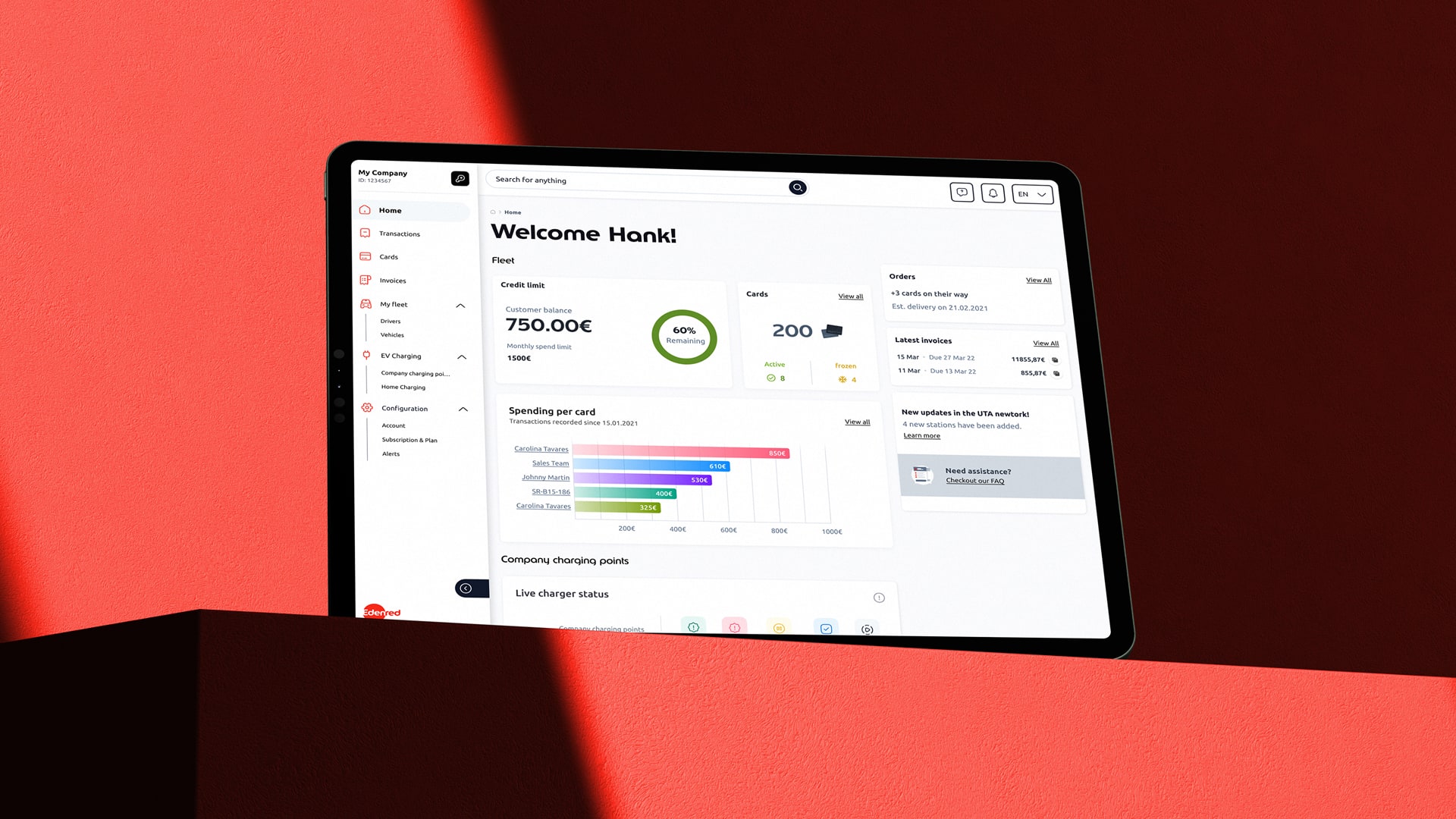 UTA Edenred fleet management dashboard on tablet showing credit limits, card spending, and EV charging