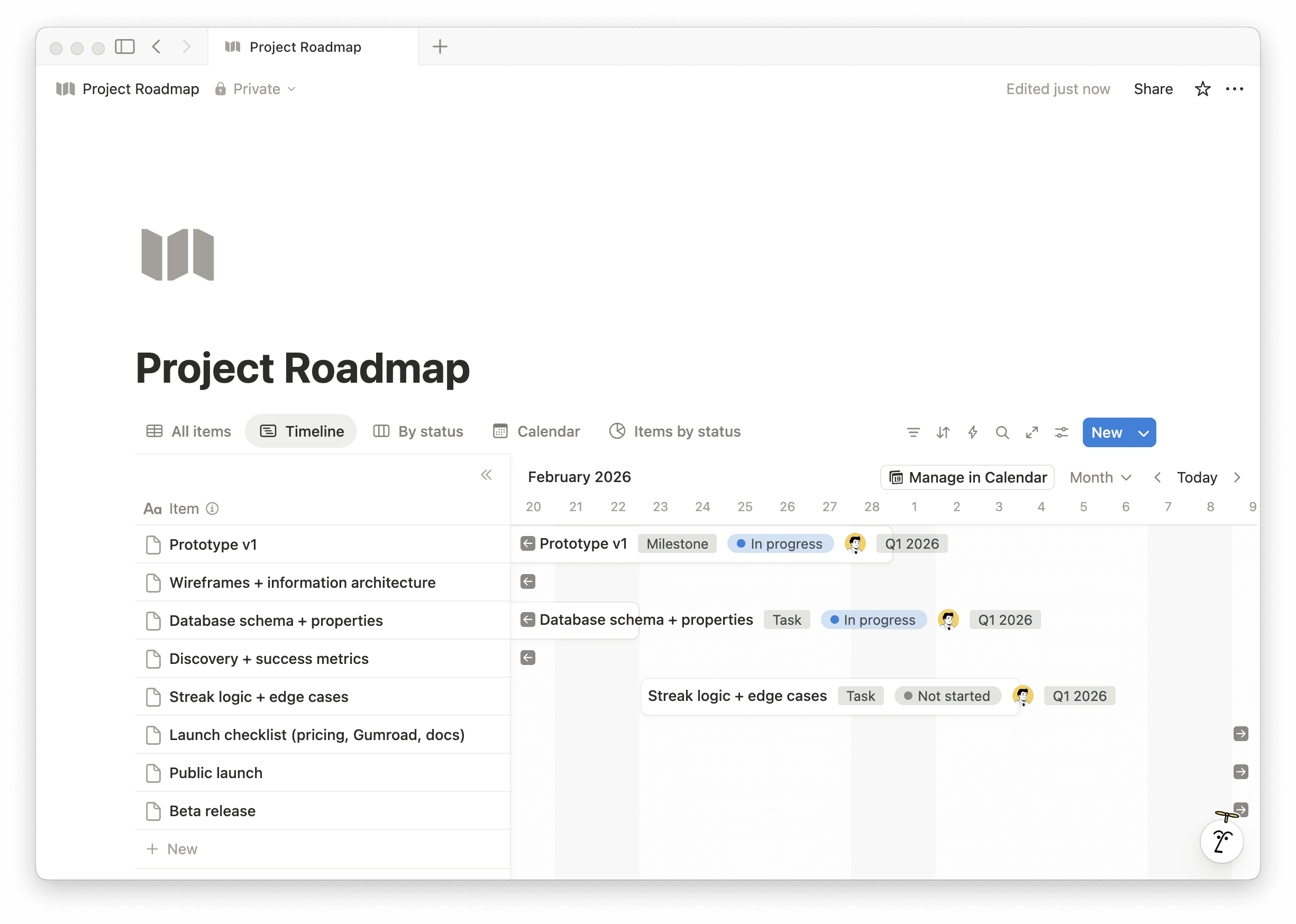 Task and project management system built with Notion databases showing board, list, and calendar views
