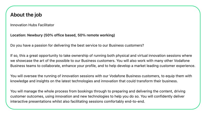 Vodafone Innovation Hubs facilitator job posting for running physical and virtual workshop sessions