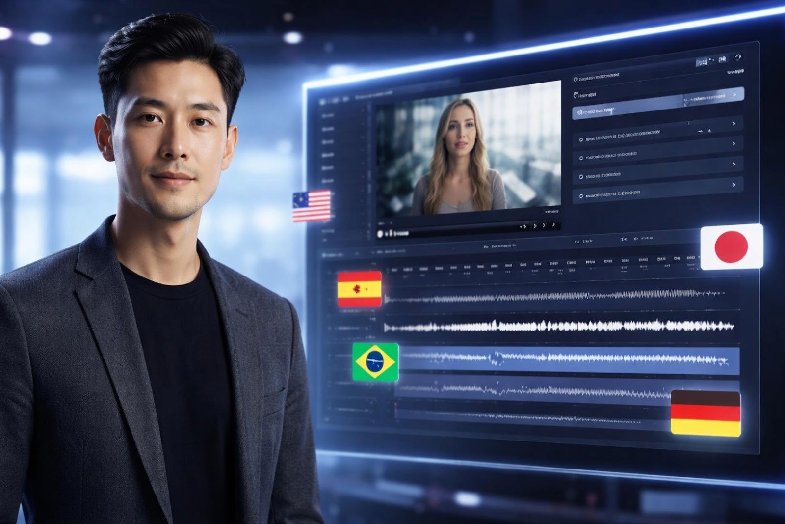 SaaS professional standing beside a video translator platform interface used to localize product demo videos into multiple languages