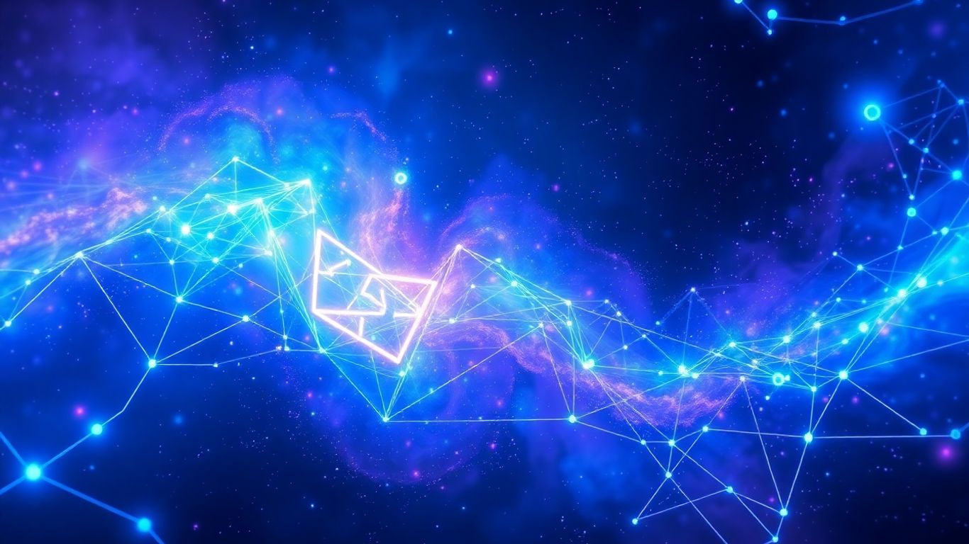 Digital nebula with glowing pathways and geometric shapes.