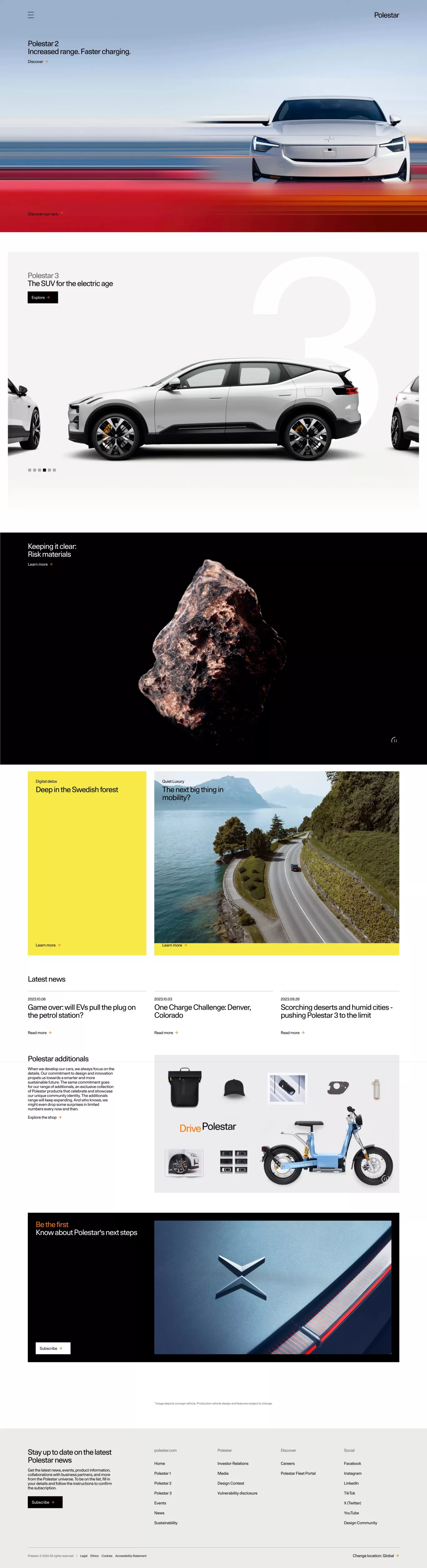 Polestar – Electric cars landing page screenshot showcasing Tech and Automotive design