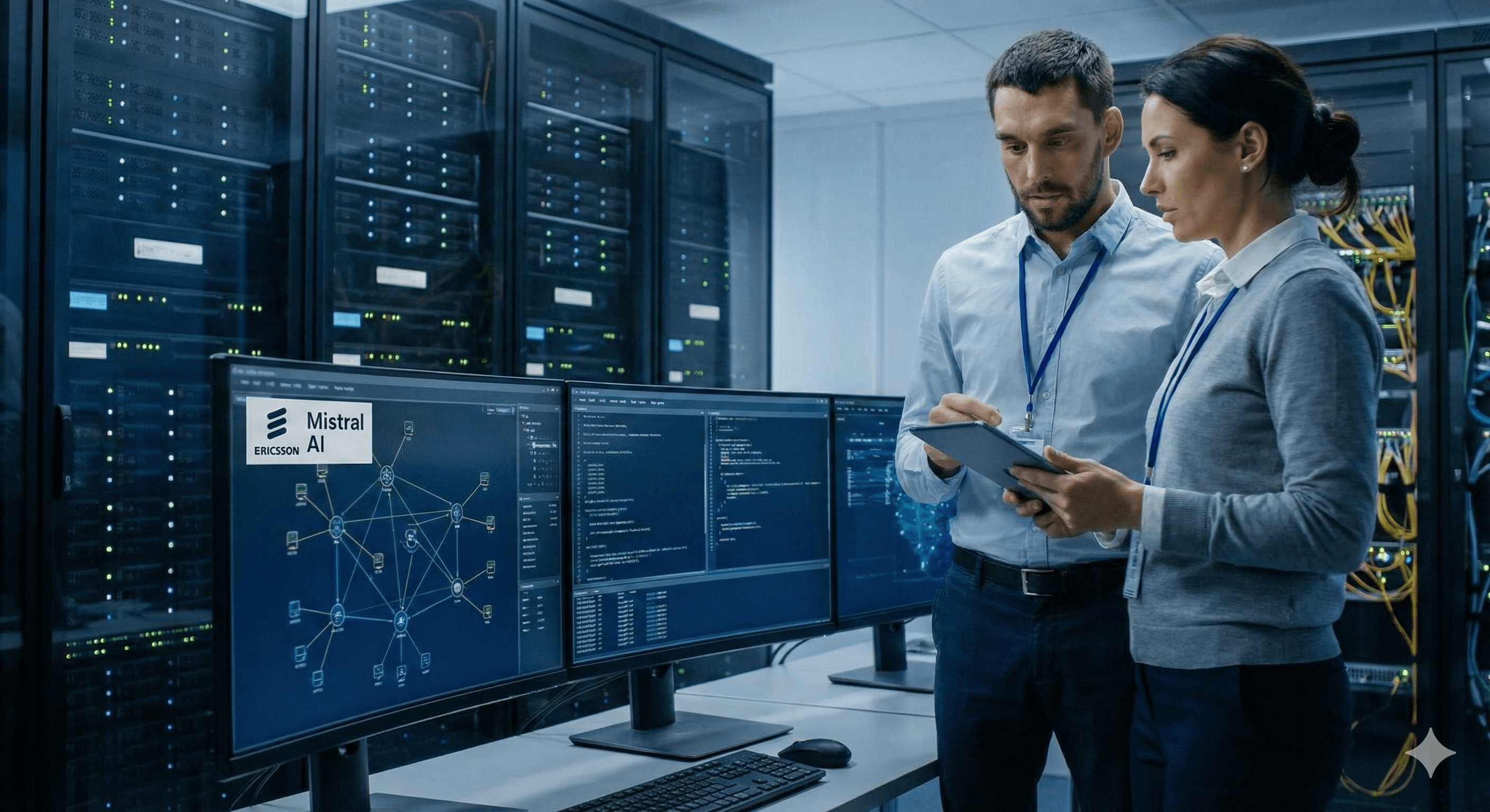 In a modern server room, two professionals examine data on a tablet while multiple monitors display network analytics under the banner "Ericsson + Mistral AI," highlighting the integration of advanced AI technologies in telecom networks.