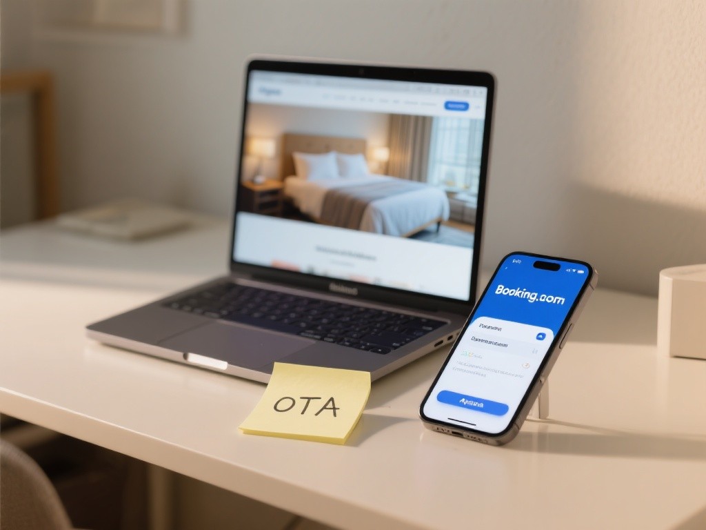 Màn hình laptop hiển thị website khách sạn bên cạnh điện thoại mở ứng dụng Booking.com, đặt trên bàn làm việc gọn gàng.