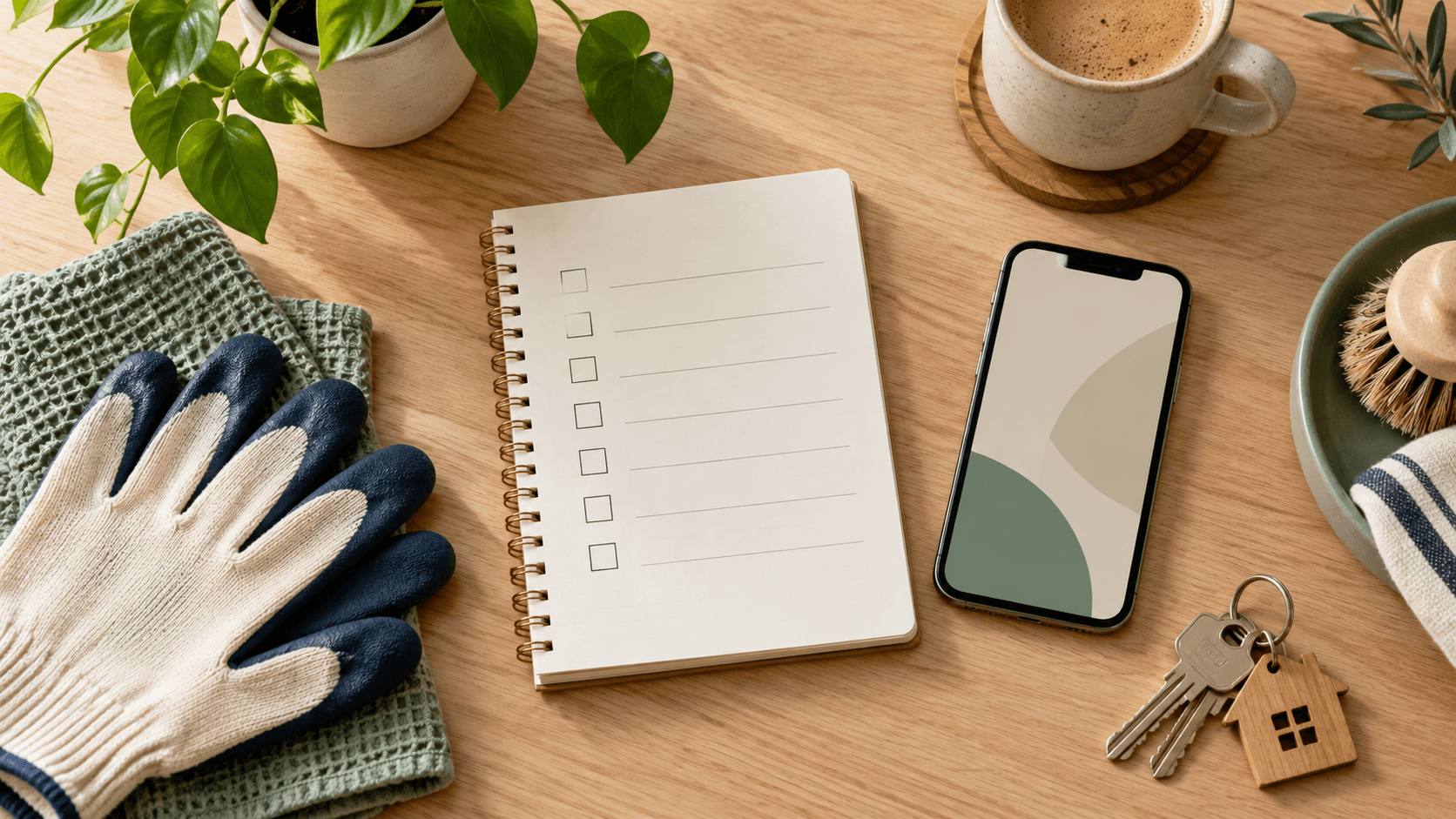 Carnet de préparation, téléphone et clés pour organiser des services à domicile