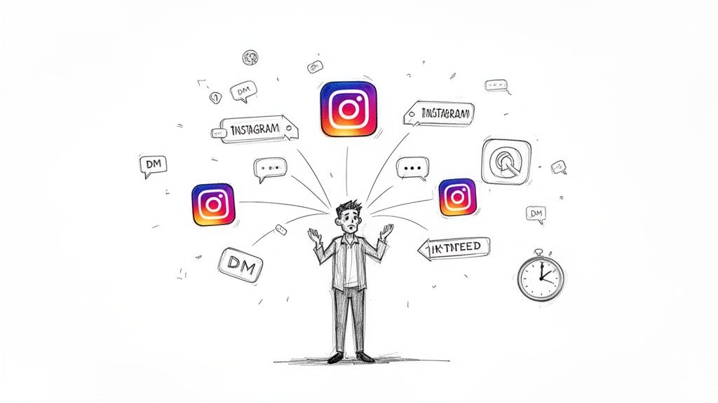 Overwhelmed man surrounded by multiple Instagram apps, messages, and notifications, illustrating social media management.
