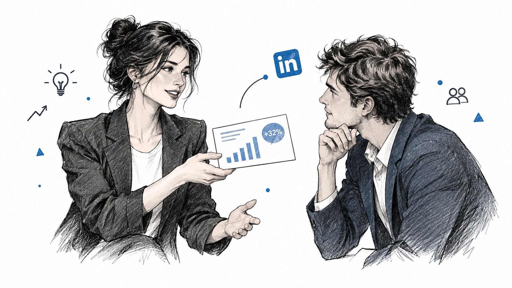 A professional woman presenting a LinkedIn growth chart to a man in a collaborative business meeting setting.