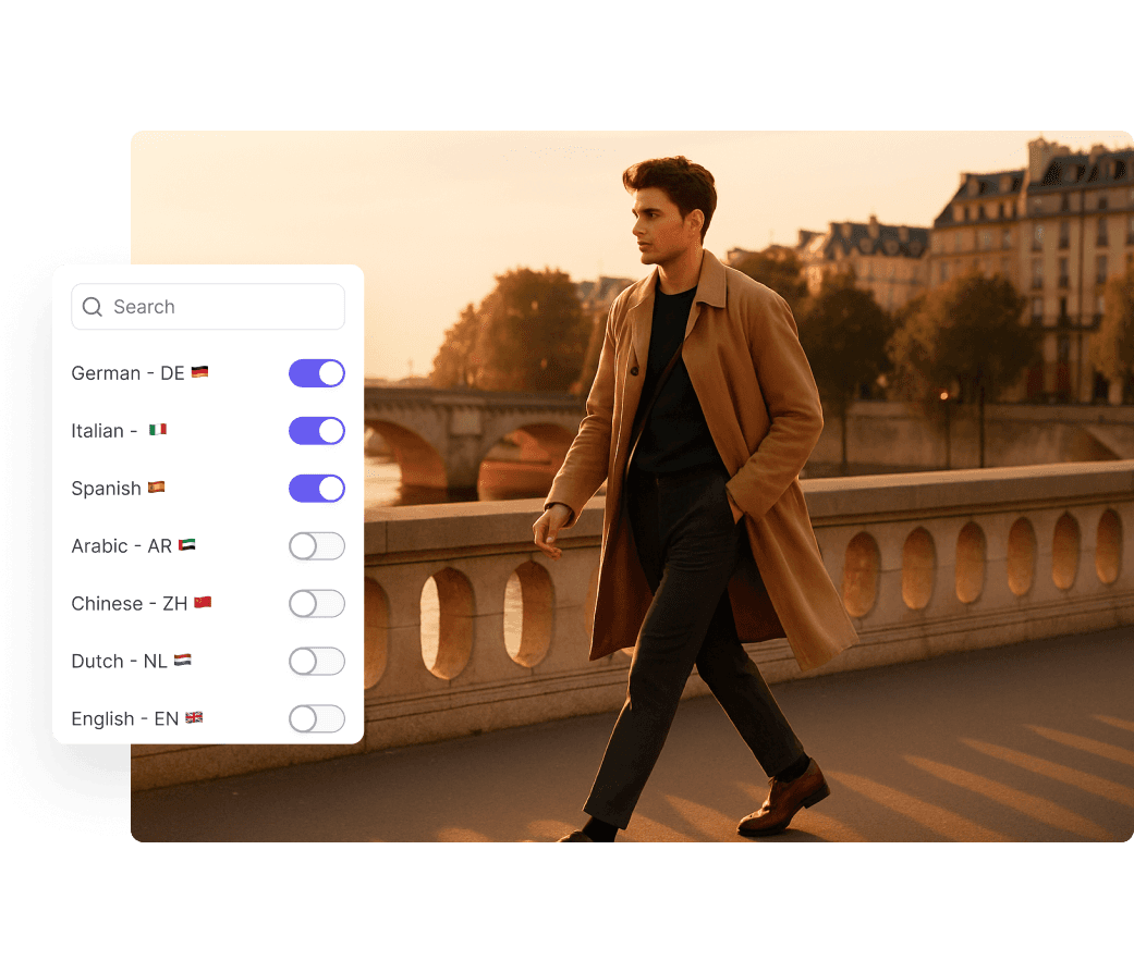A man dressed in a stylish, long beige coat and dark pants walks confidently across an elegant stone bridge during a golden sunset in a European city, with a language selection overlay on the image interface.