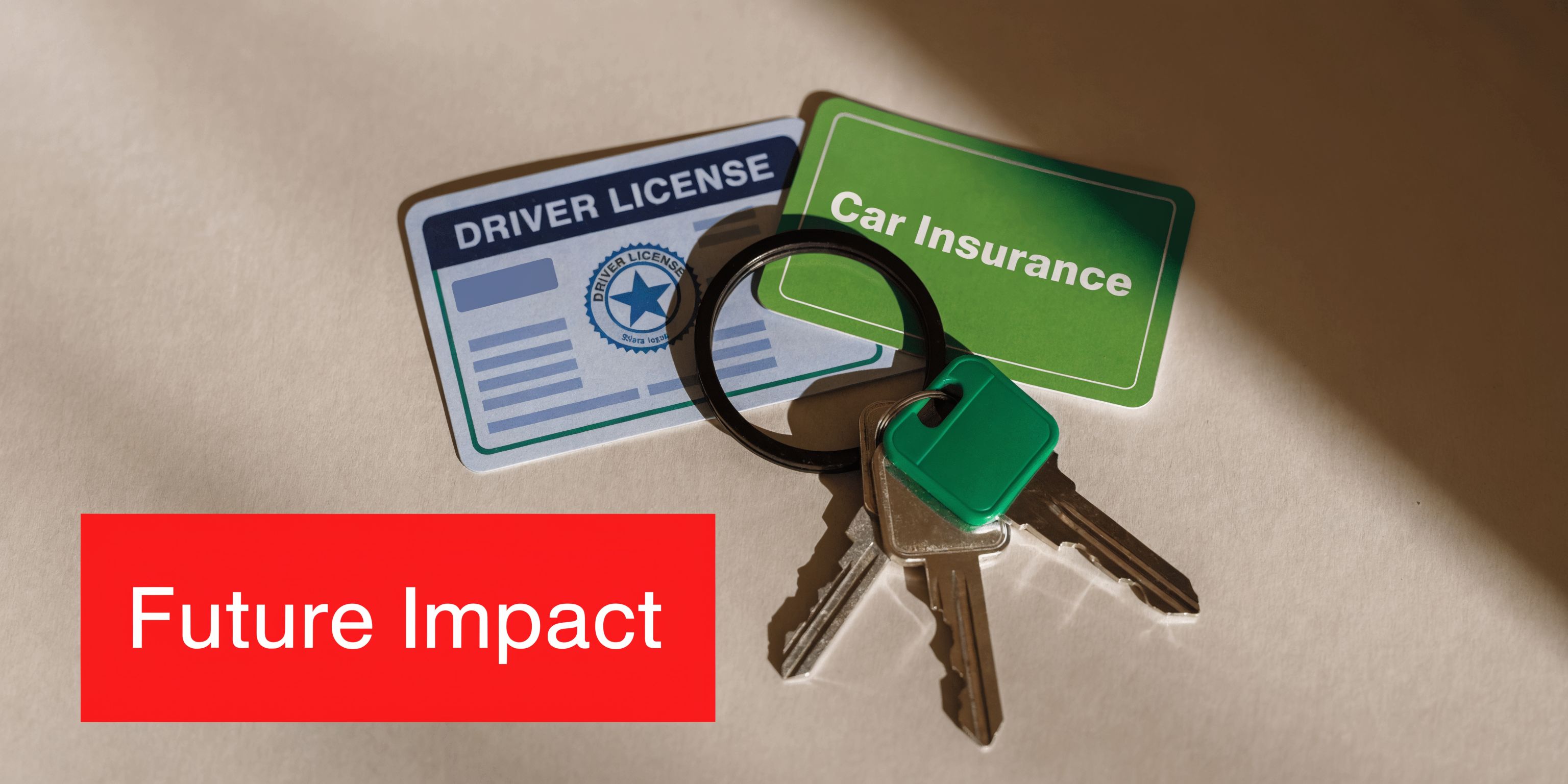 A driver license, car insurance card, and set of car keys resting on a plain background.
