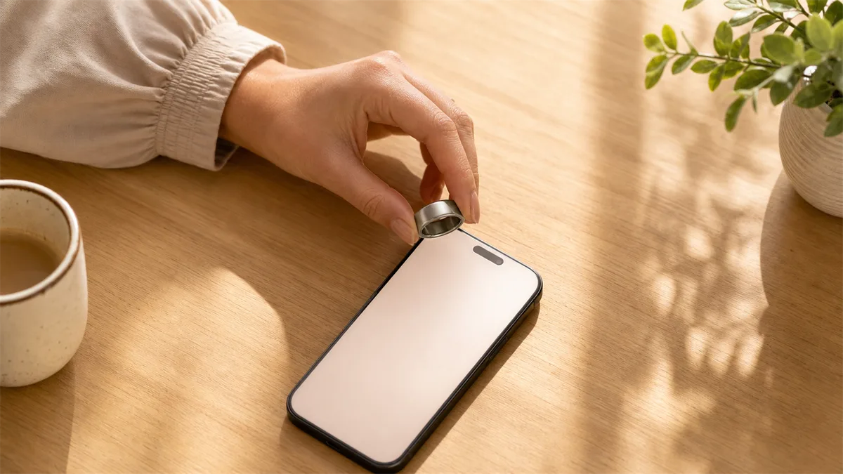 Woman lowers silver smart tasbih ring toward a blank glowing phone on a warm wooden desk