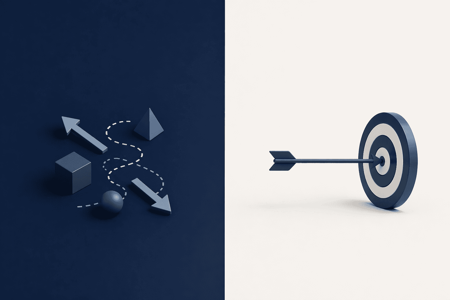A professional, minimalist 3D conceptual image for a B2B Go-To-Market strategy blog post. The left side features a navy blue background with a chaotic, unorganized cluster of metallic and frosted glass cubes and scattered arrows, representing broad, unfocused outreach. The right side features a clean off-white background with a structured arrangement of five navy blue vertical bars leading to a polished marble and metal target, with a single sharp arrow hitting the bullseye, representing a defined GTM strategy.