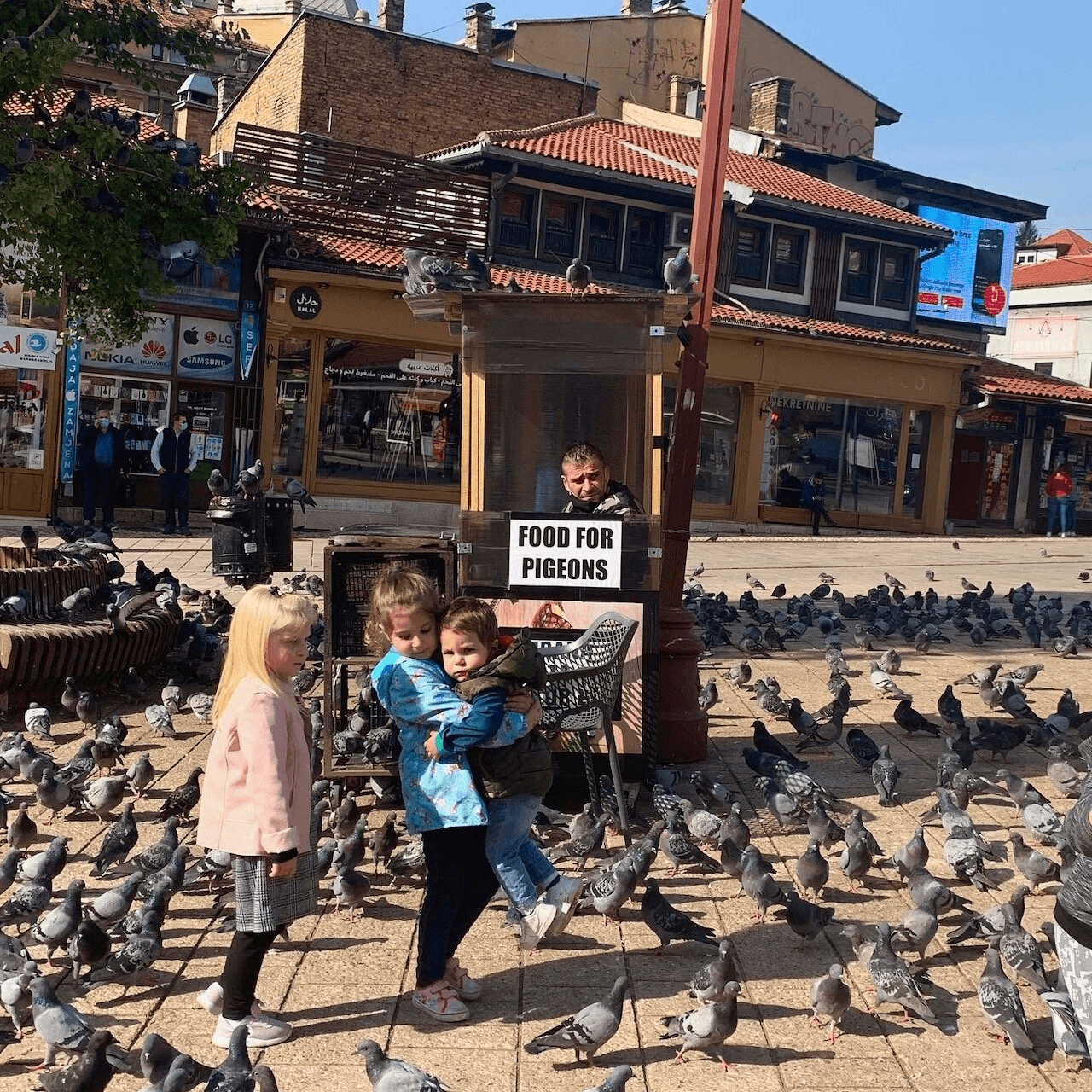 Children feeding pigeons, Sarajevo, Bosnia-Herzegovina