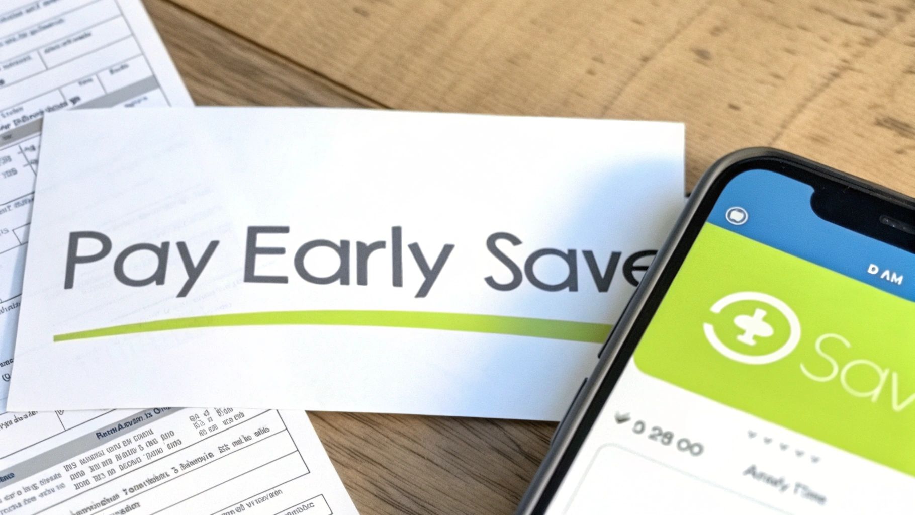 A 'Pay Early Save' card next to a smartphone displaying a money-saving app on a wooden desk.