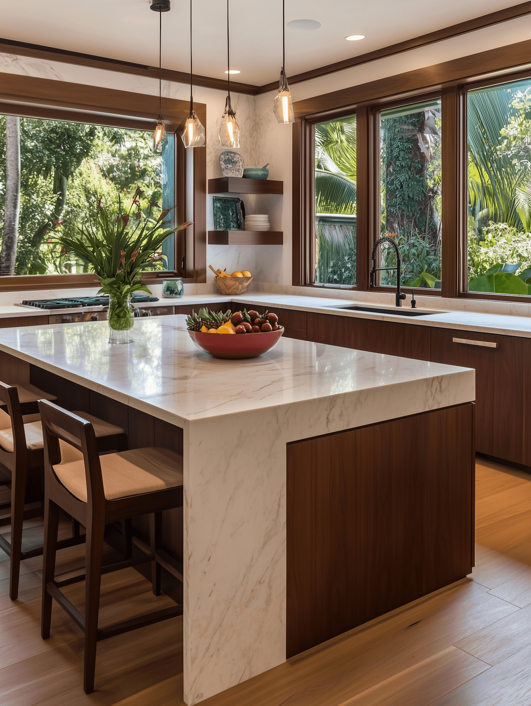 Open kitchen with large windows