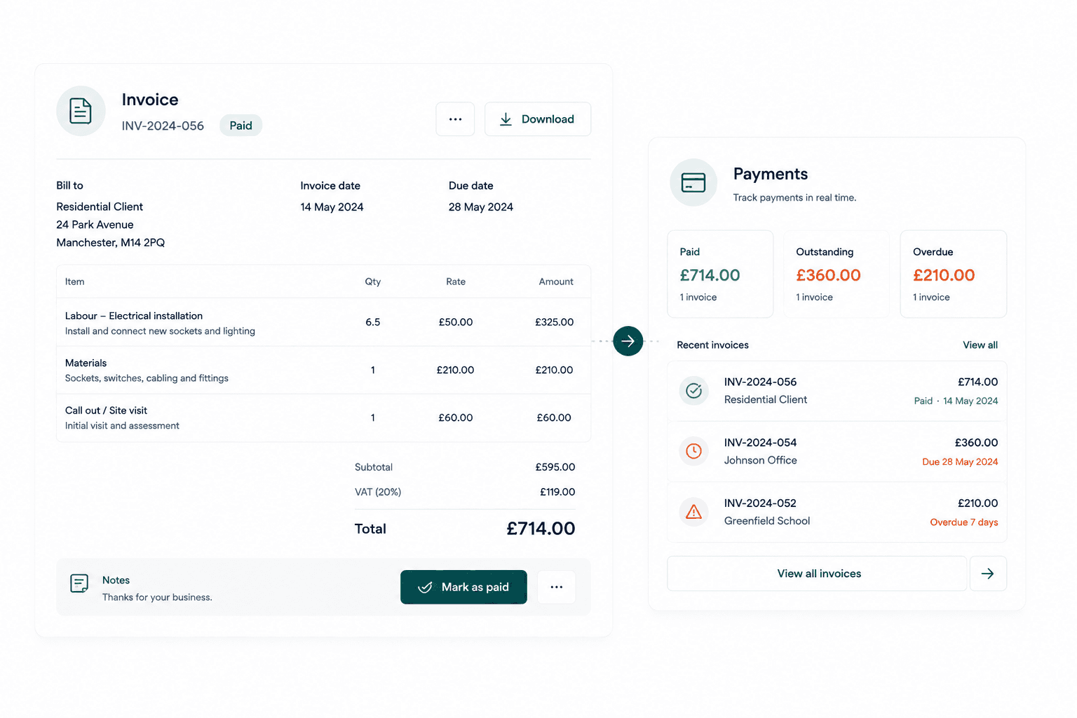 Traystone invoice and payment tracking interface.