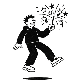 Illustration: Person mit Zauberstab, um die herum Ideen- und Sternsymbole aufblitzen