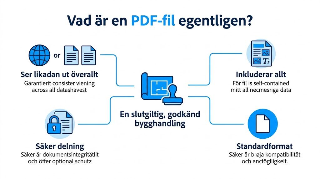 En infografik som förklarar vad en PDF-fil är genom fyra huvudpunkter om dess egenskaper och användningsområden.