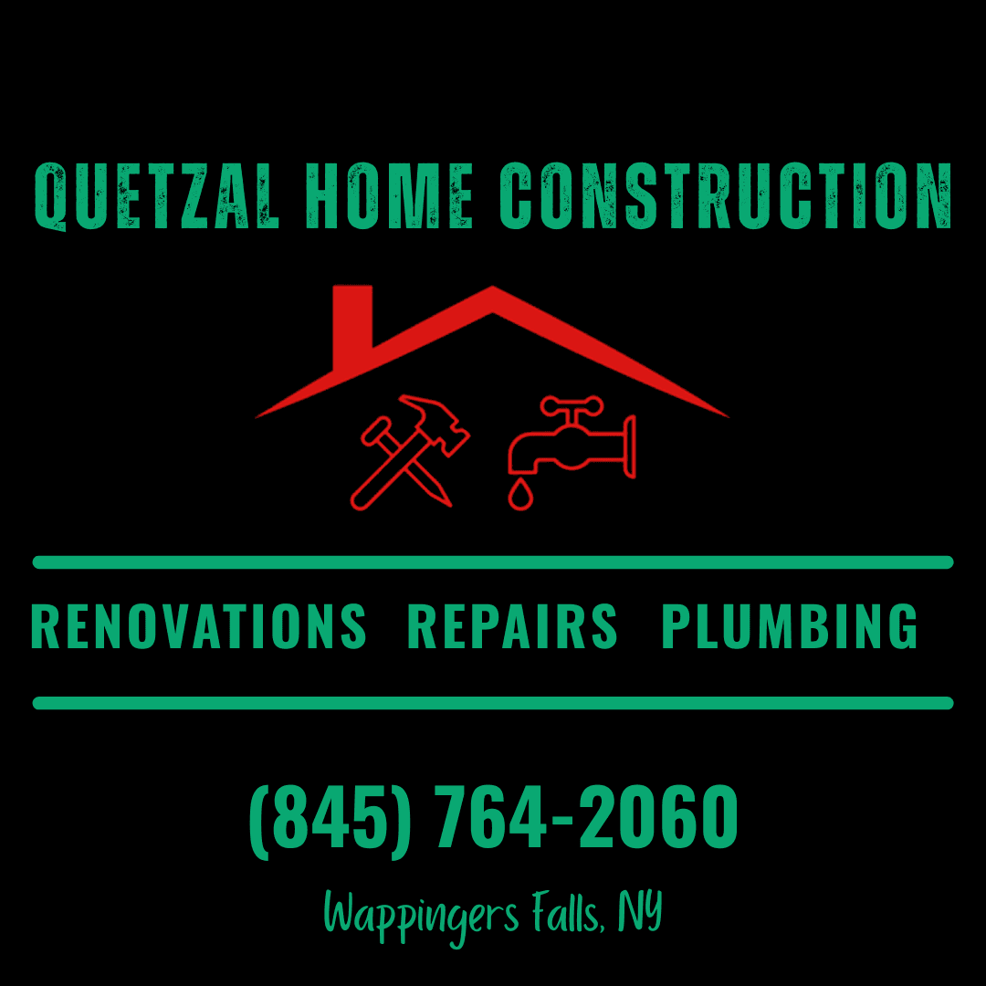 "Quetzal Home Construction logo with a red roof and tools, offering renovations, repairs, and plumbing. Contact: (845) 764-2060, Wappingers Falls, NY."