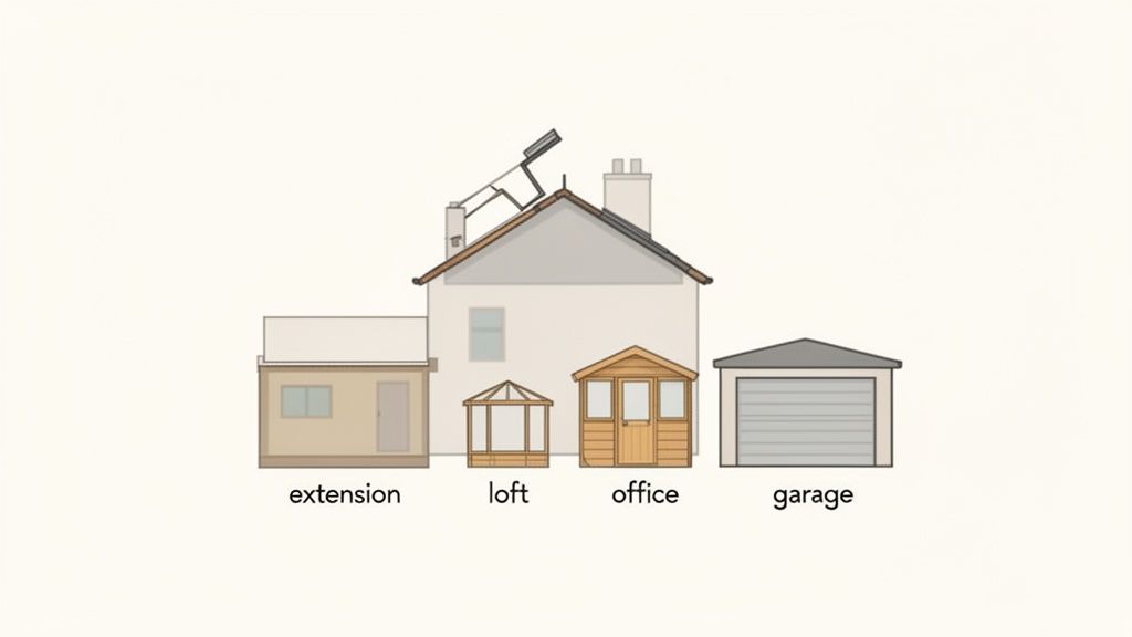 An illustration of a house with an extension, loft, office, and garage.