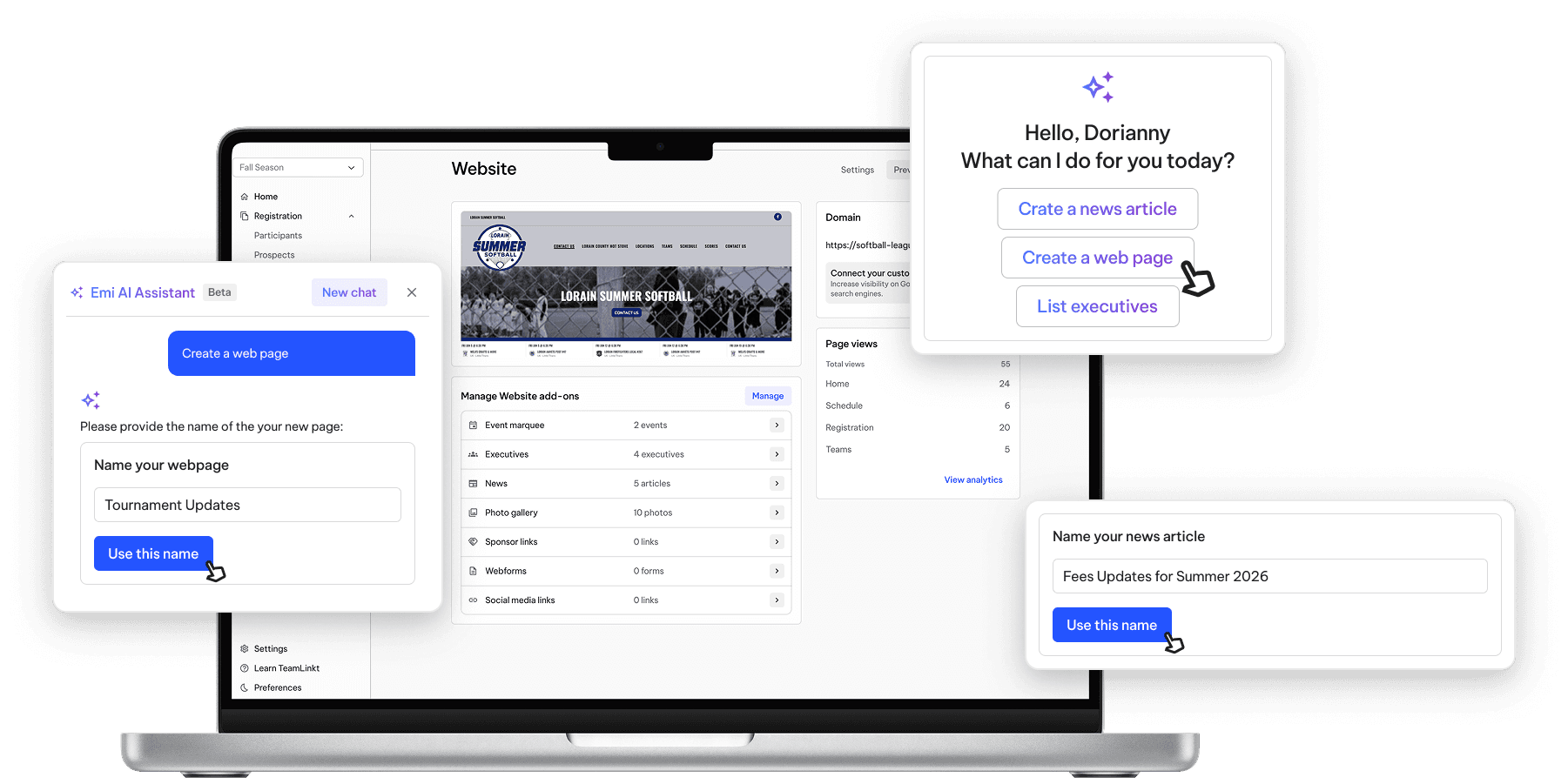TeamLinkt's Softball Website Builder with Emi AI Assistant Tool