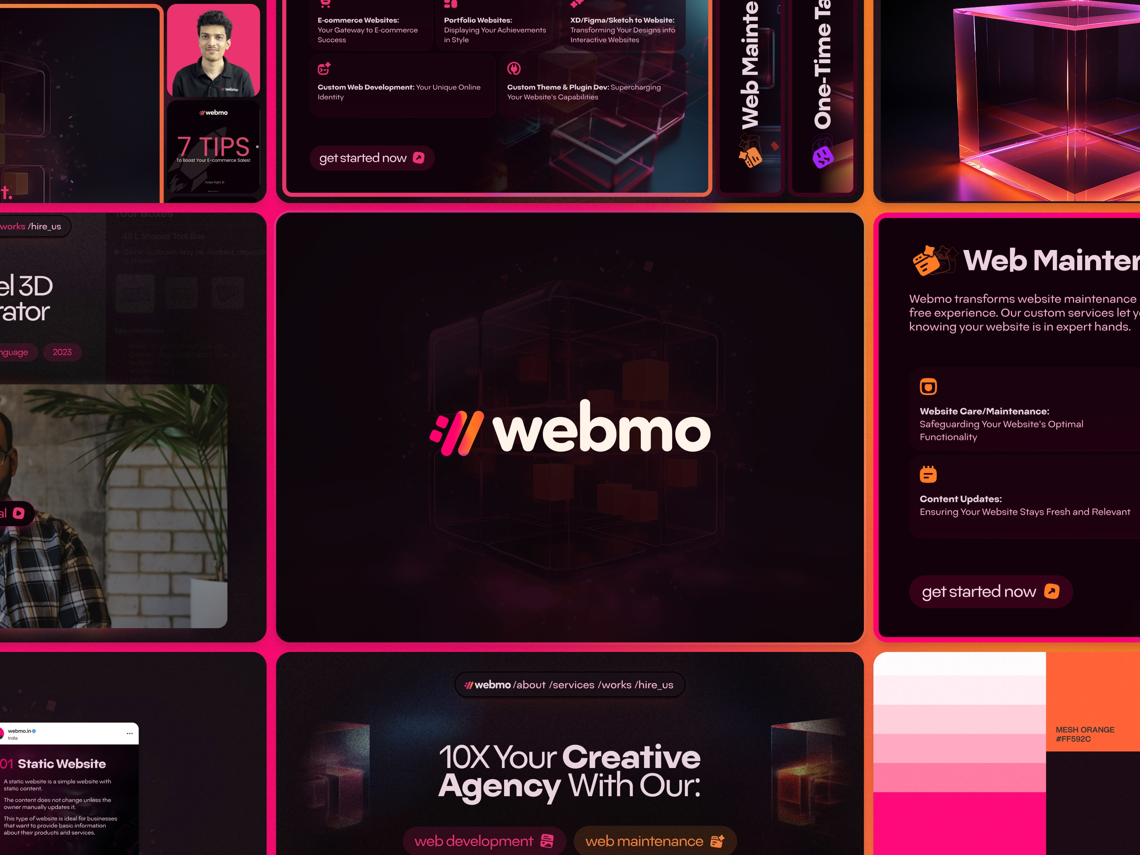 A grid of colorful design elements featuring text, graphics, and the logo of "Webflow."