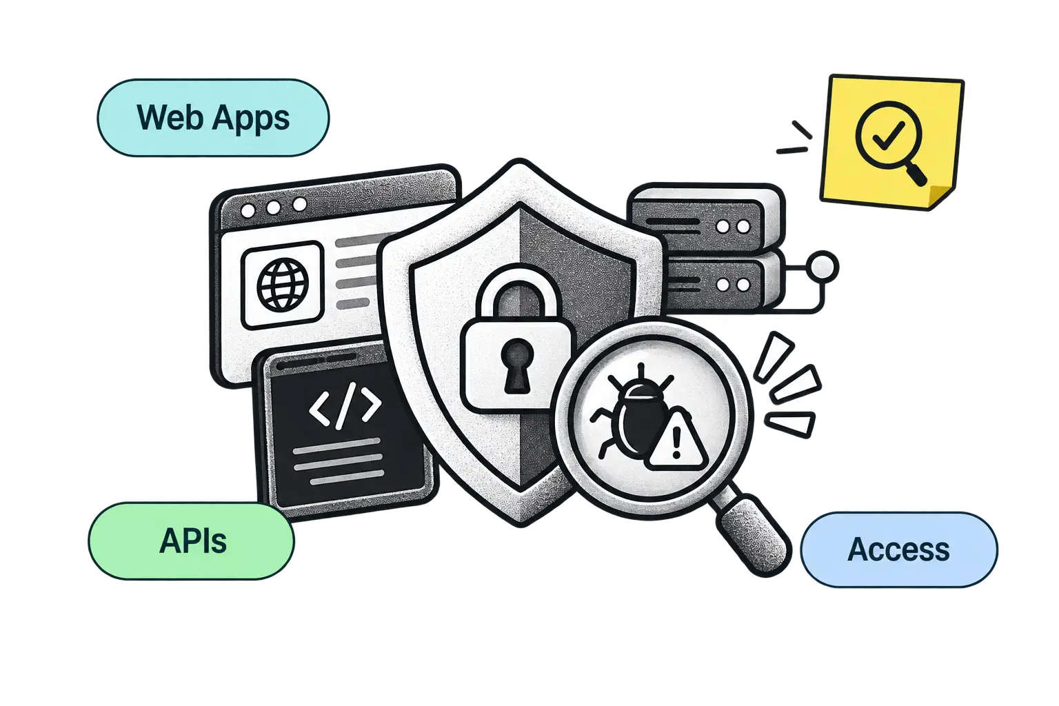 VAPT testing illustration showing web apps, APIs, access control, security shield, bug detection, and vulnerability scanning.