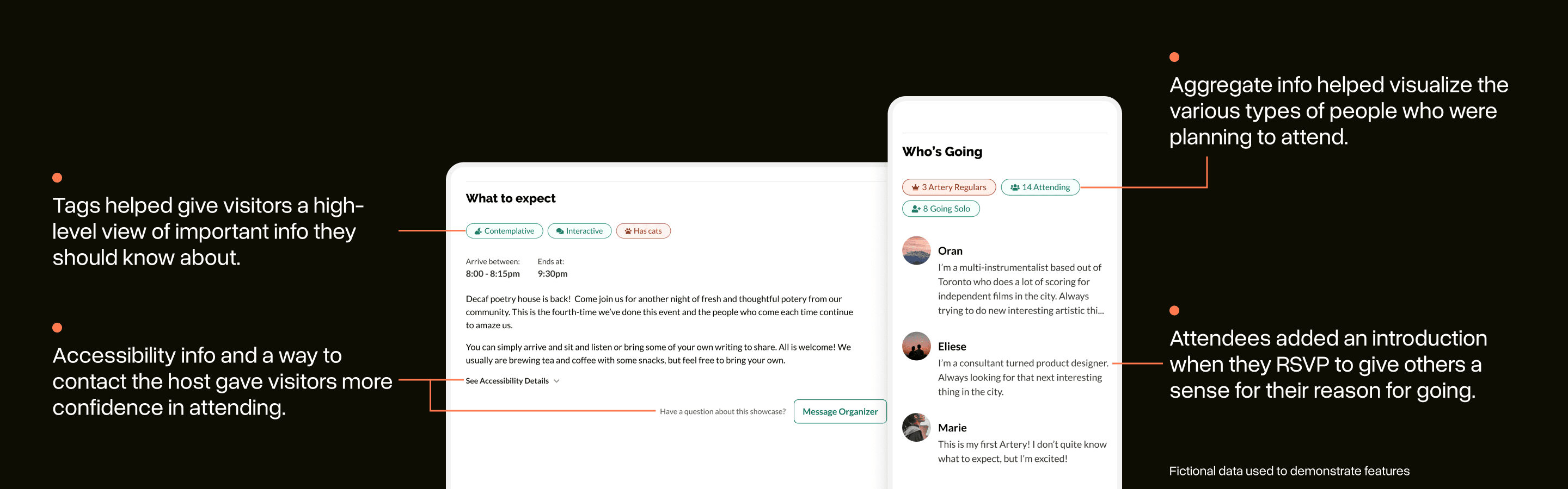 A selection of new components that were added. One, titled “what to expect” shows high-level info about the event. Another, titled “who’s going” shows aggregate info like how many are attending along with bios of each person.