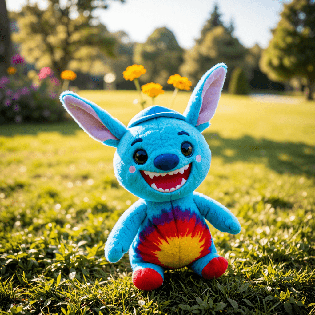 product photography of a plush toy of a cartoon character with a colorful design