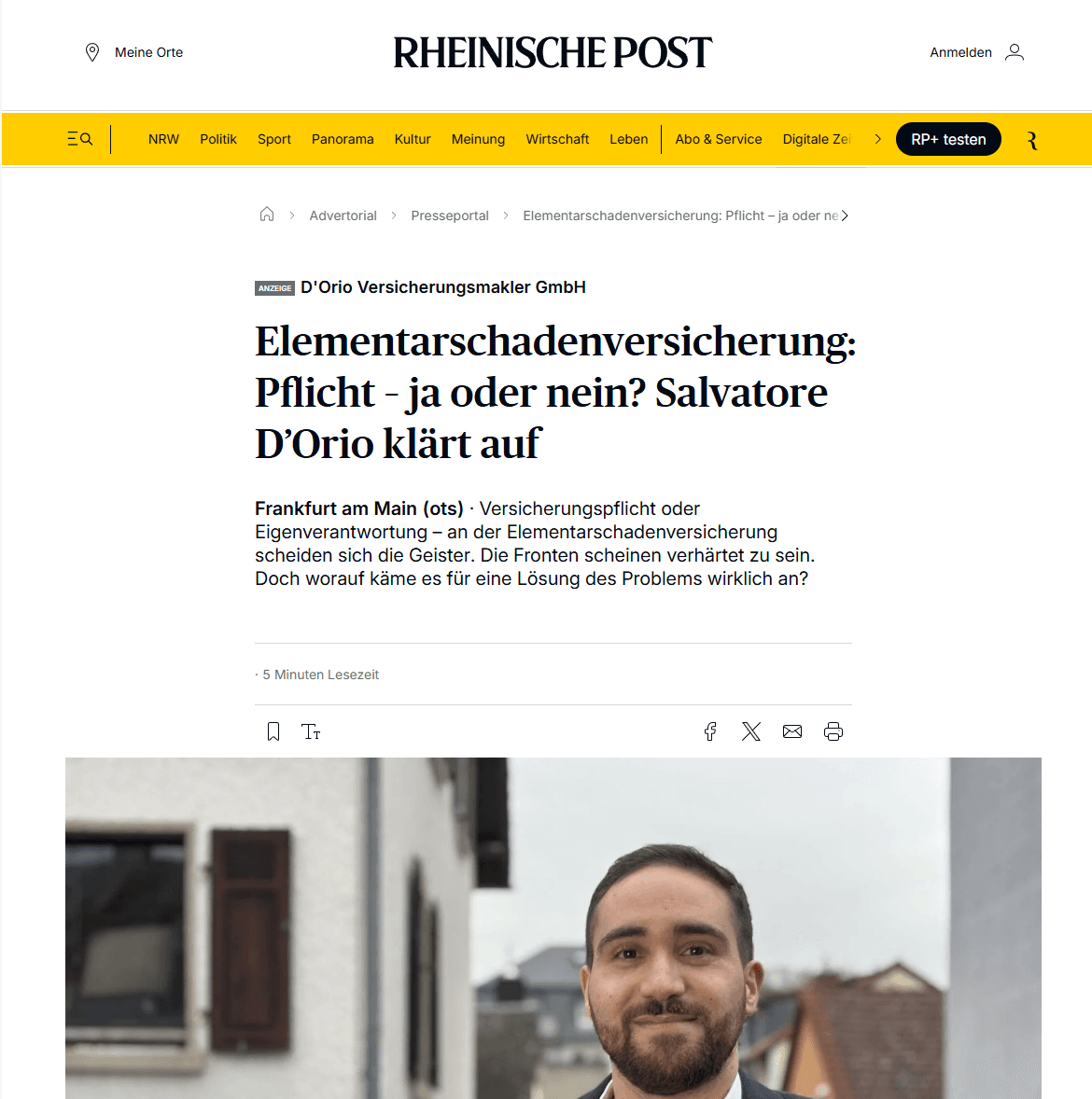 Screenshot eines Artikels mit Salvatore D´Orio aus der Zeitschrift Rheinische Post
