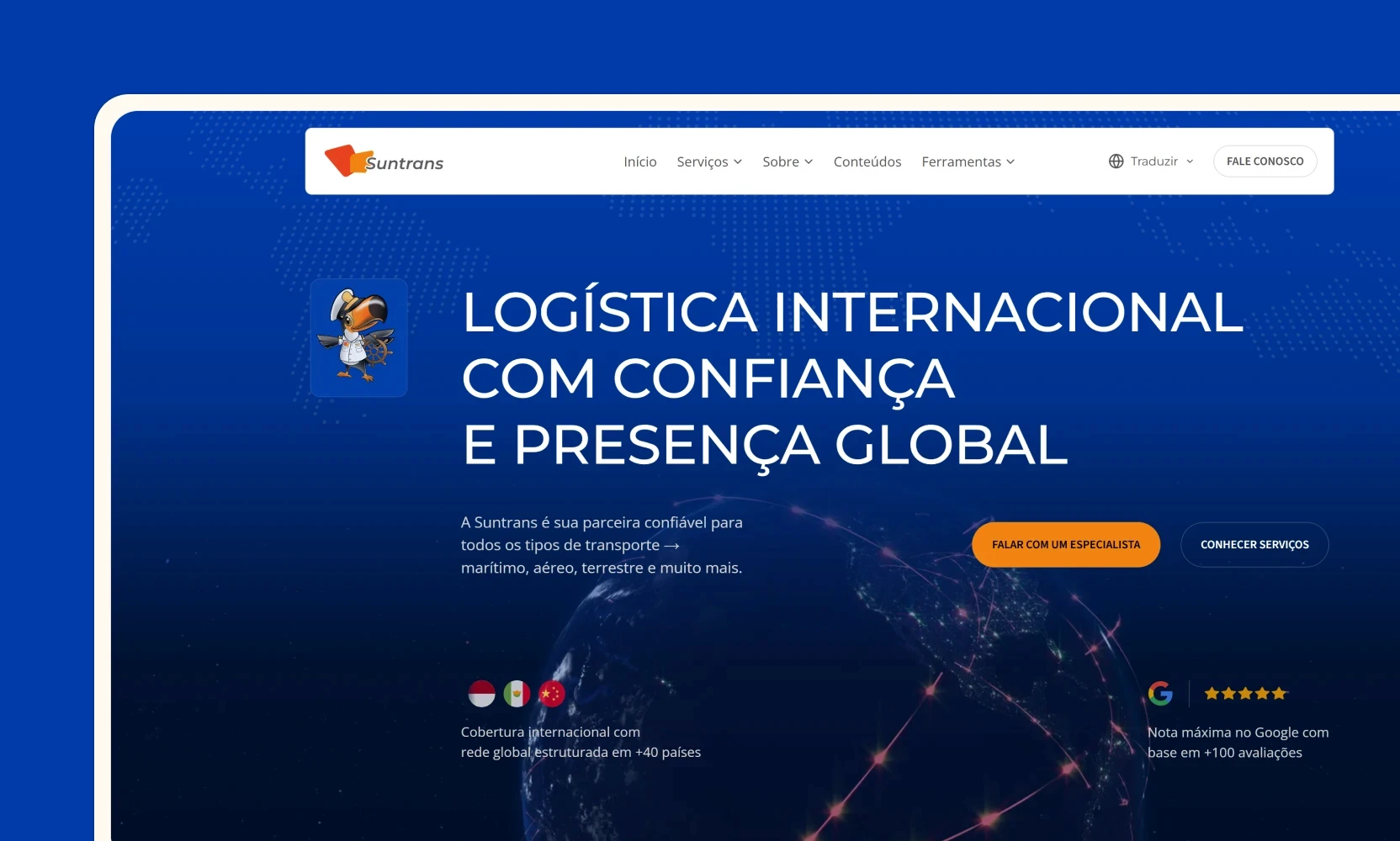 Mockup de site da Suntrans — empresa de logística internacional — com hero em fundo azul escuro, headline "Logística Internacional com Confiança e Presença Global" e botões de chamada para ação