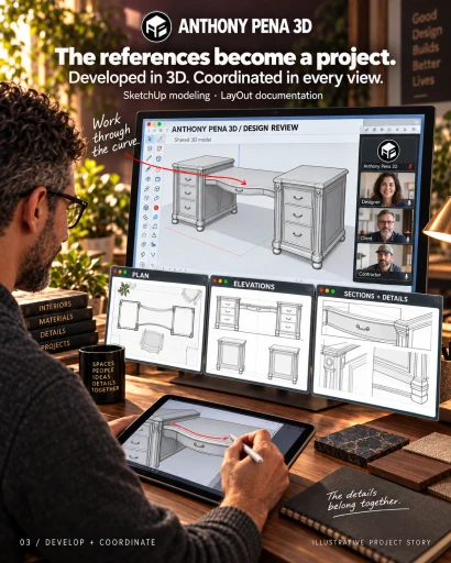 Illustrated desk-design review showing a shared model, overhead layout, elevation and enlarged exterior views.