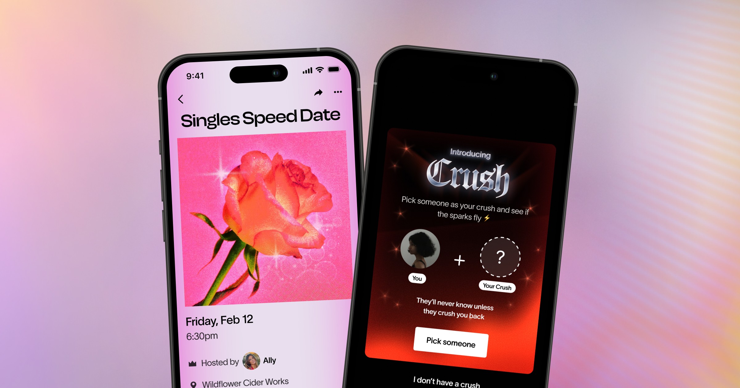 Partiful Singles Speed Date event page with Crush mutual reveal feature for IRL dating.