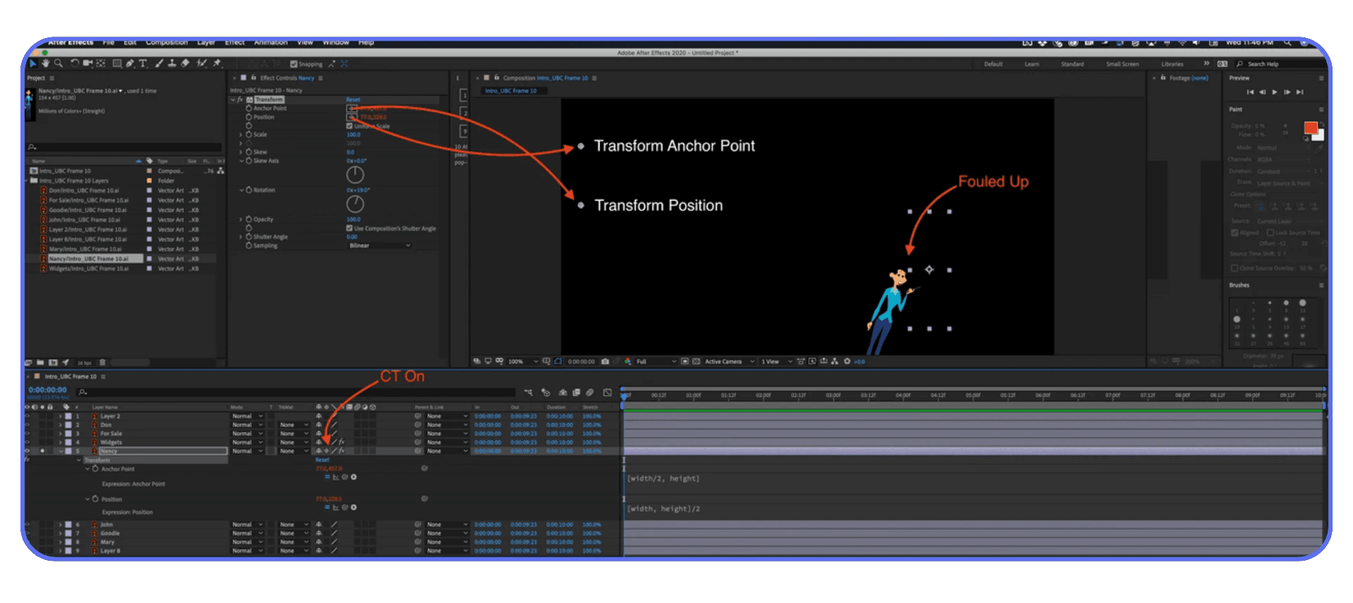 After Effects transform properties showing anchor point and position controls during character animation