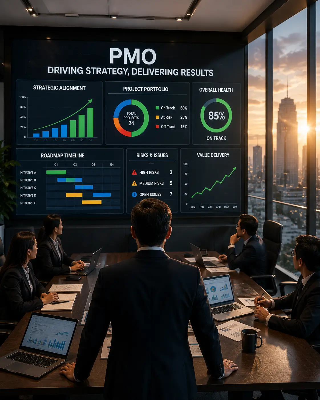 Ilustrasi tim Project Management Office (PMO) sedang mengarahkan eksekusi strategi bisnis perusahaan.