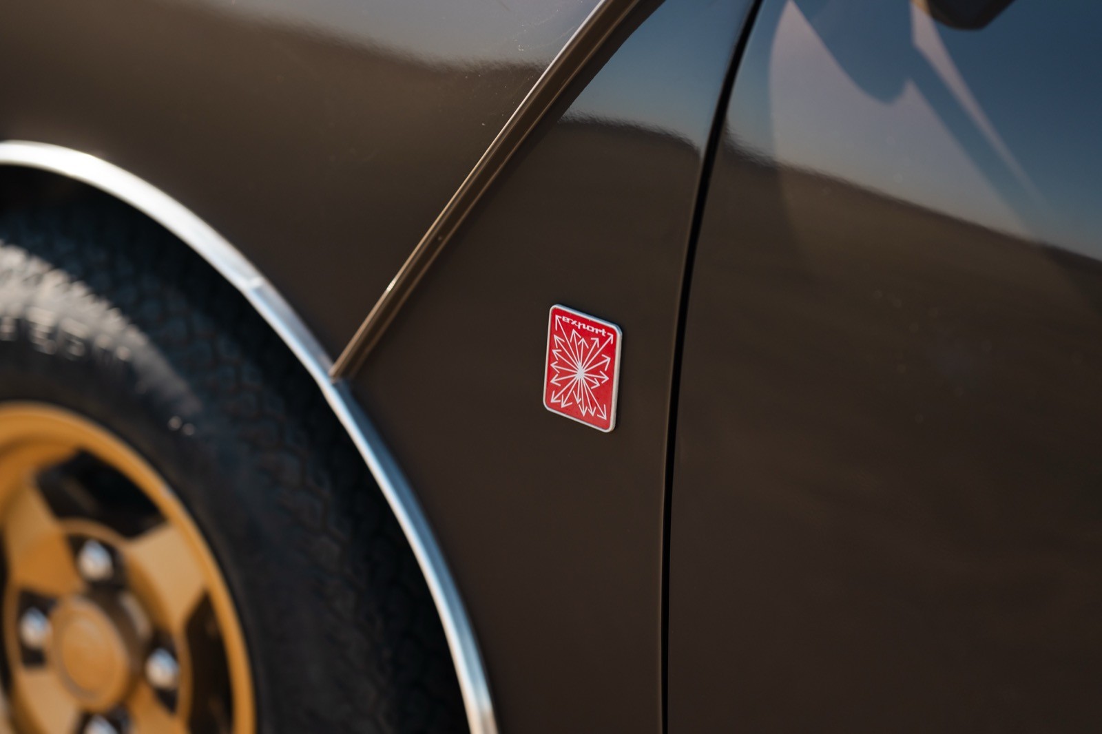 Close-up of a car's side panel featuring a small red emblem and gold wheels against a dark body color.