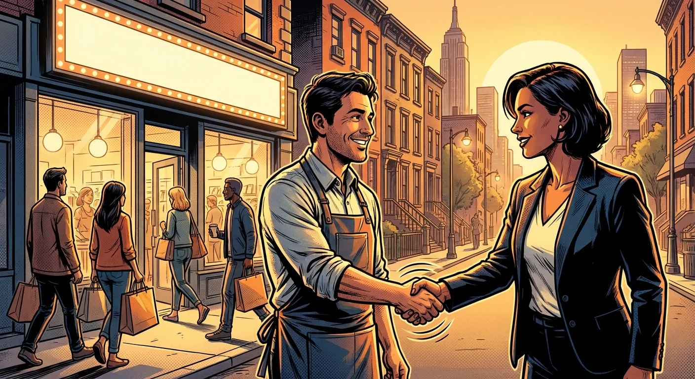 Digital Marketing success handshake on city street at RockN' Socials agency.