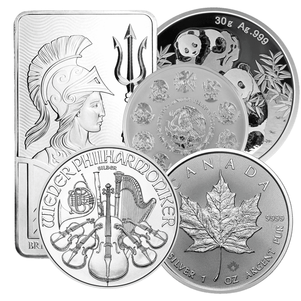 International silver coins including Silver Britannias, Austrian Philharmonics, and Canadian Silver Maples.
