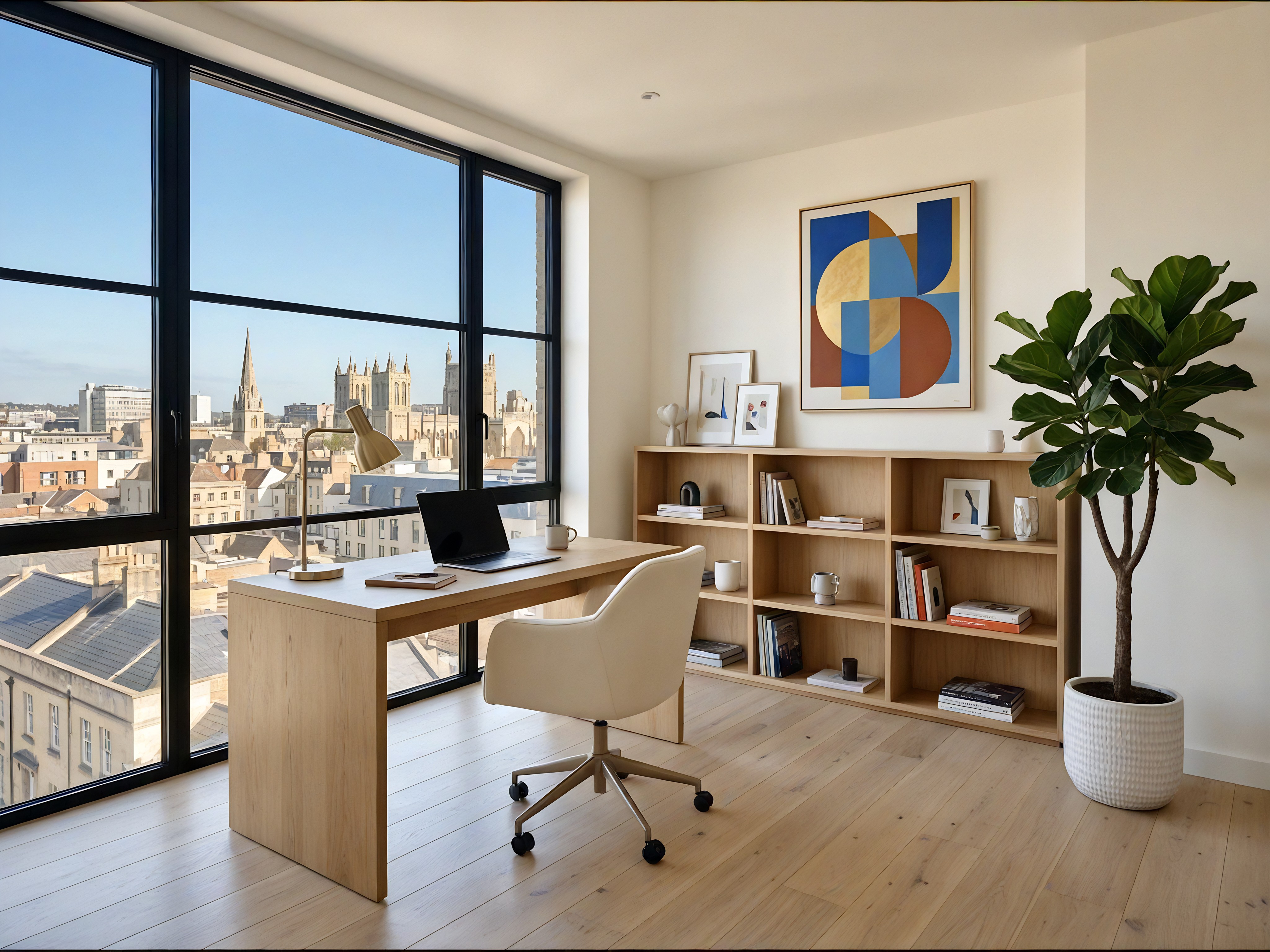 A classic European-style bedroom with ornate ceiling moldings and white paneled walls is shown. A large window on the far wall looks out on green foliage. A large, green upholstered, winged bed is against the wall on the left, which has a two-panel grey and white painting hanging directly above the bed. The bed features light sage green pillows and bedding as well as a small, green upholstered bench at the foot. A sage green knitted throw blanket is at the lower end. On either side of the bed are small, wooden bedside tables, both with lamps with beige-colored shades. The left bedside table has a stack of three small drawers. A larger rug in a shade of grey sits in front of the bed on the grey and white marble-patterned flooring. To the right, against the right wall, are floor-to-ceiling cream cabinets with gold-colored T-bar style handles. A dark grey pot with a green, leafy bush inside is near the corner and next to the window. In front of the window is a white radiator.