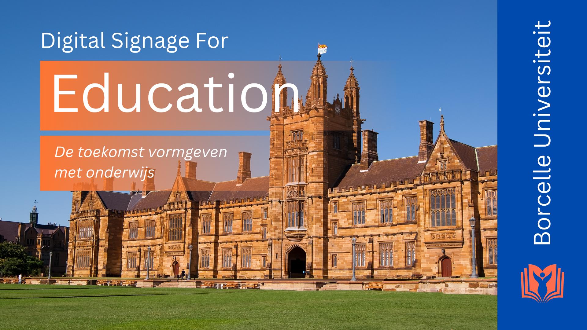 Digital signage for education featuring a university campus and branded communication screen.