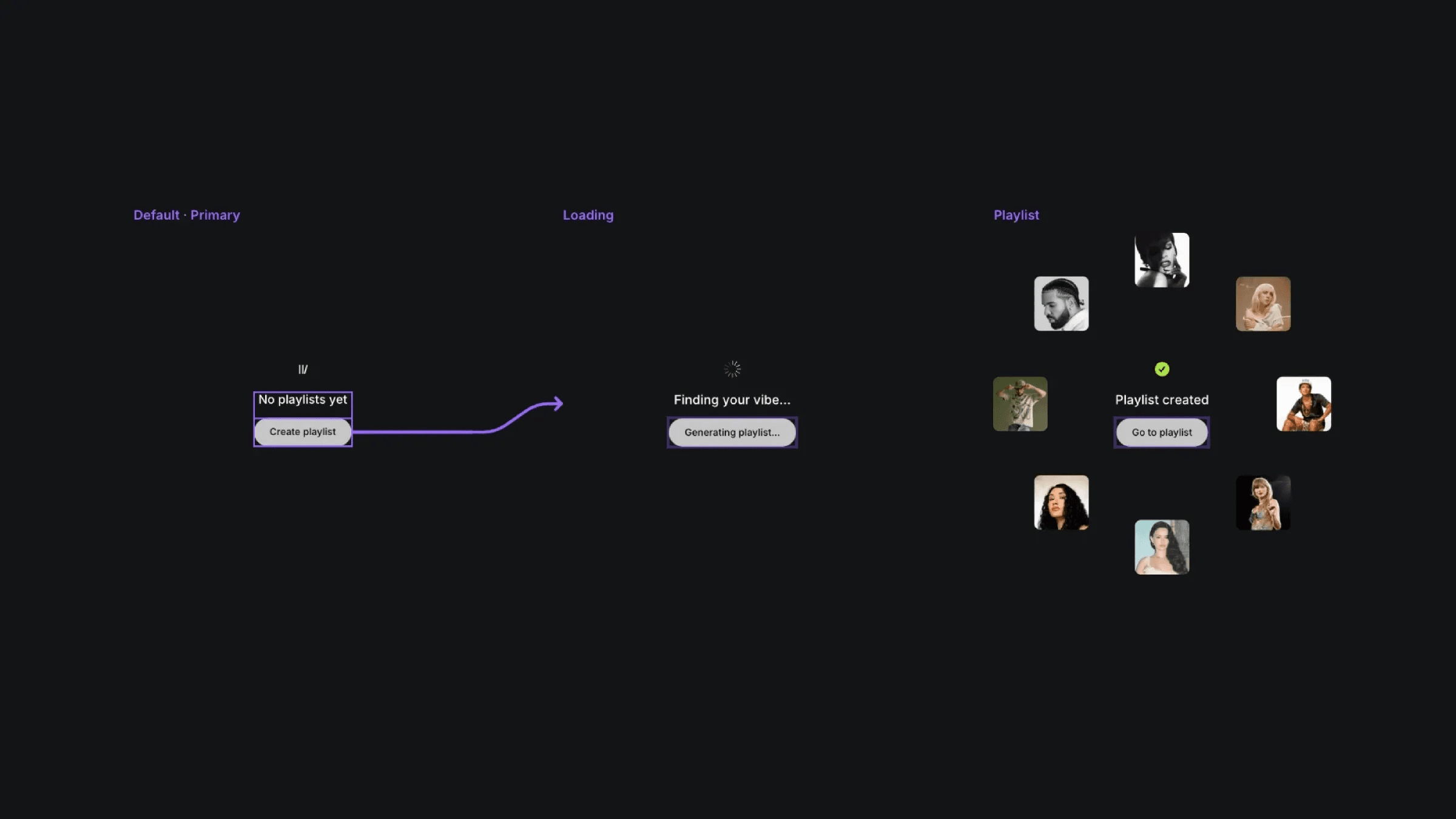 Music app prototype: create, loading, playlist created flow