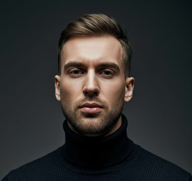 A man with short hair and a light beard wears a black turtleneck against a dark background. He has a serious expression, creating a moody tone.