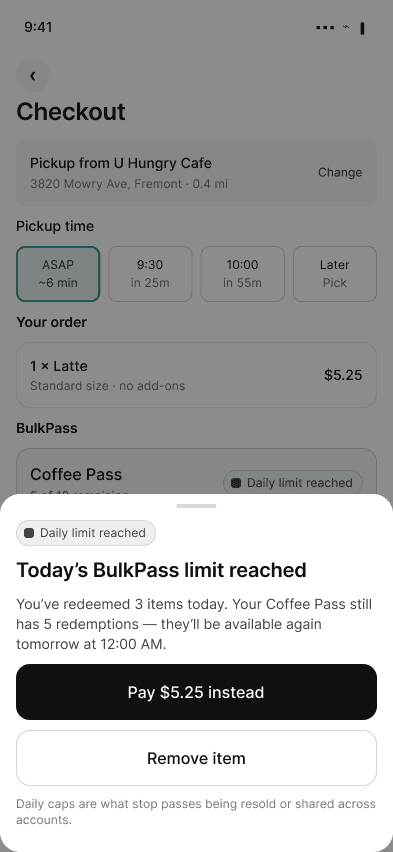 Checkout with the Coffee Pass in use and the daily limit sheet offering Pay $5.25 instead or Remove item