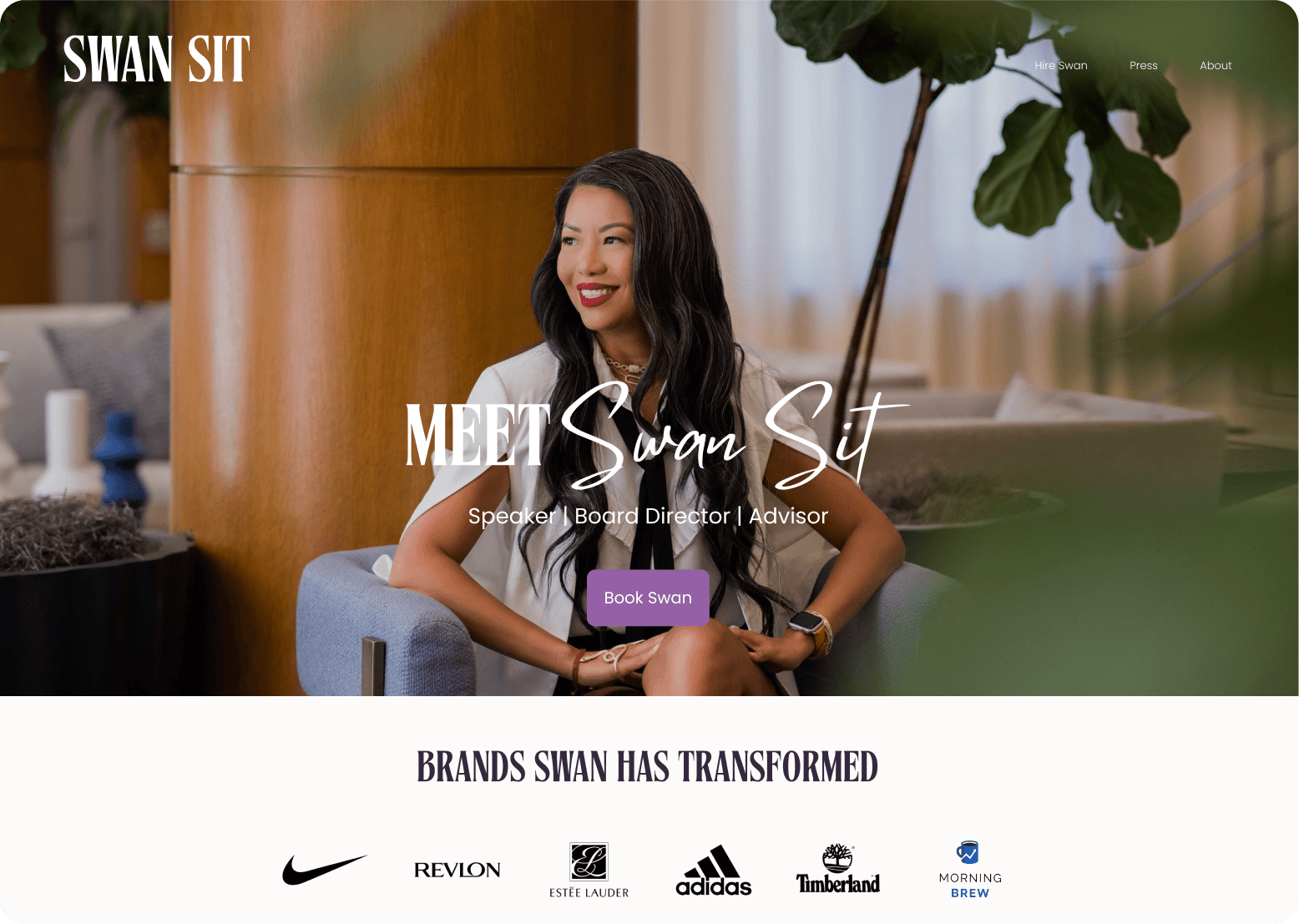 Screenshot of the hero section of Swan Sit's website redesigned by NeatlyReckless creative studio, minimal clean layout