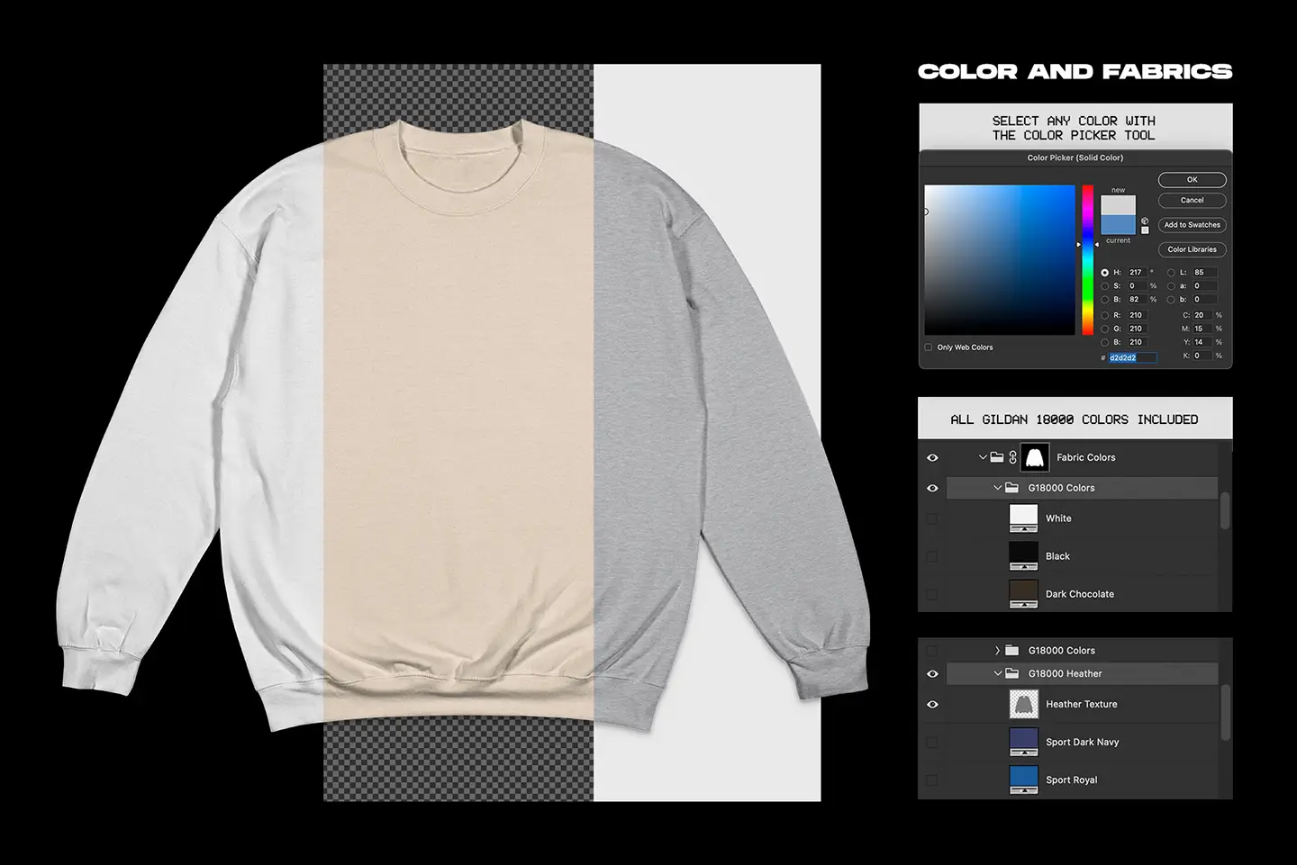 Gildan 18000 Crewneck Flat mockup fabric color options with Photoshop controls