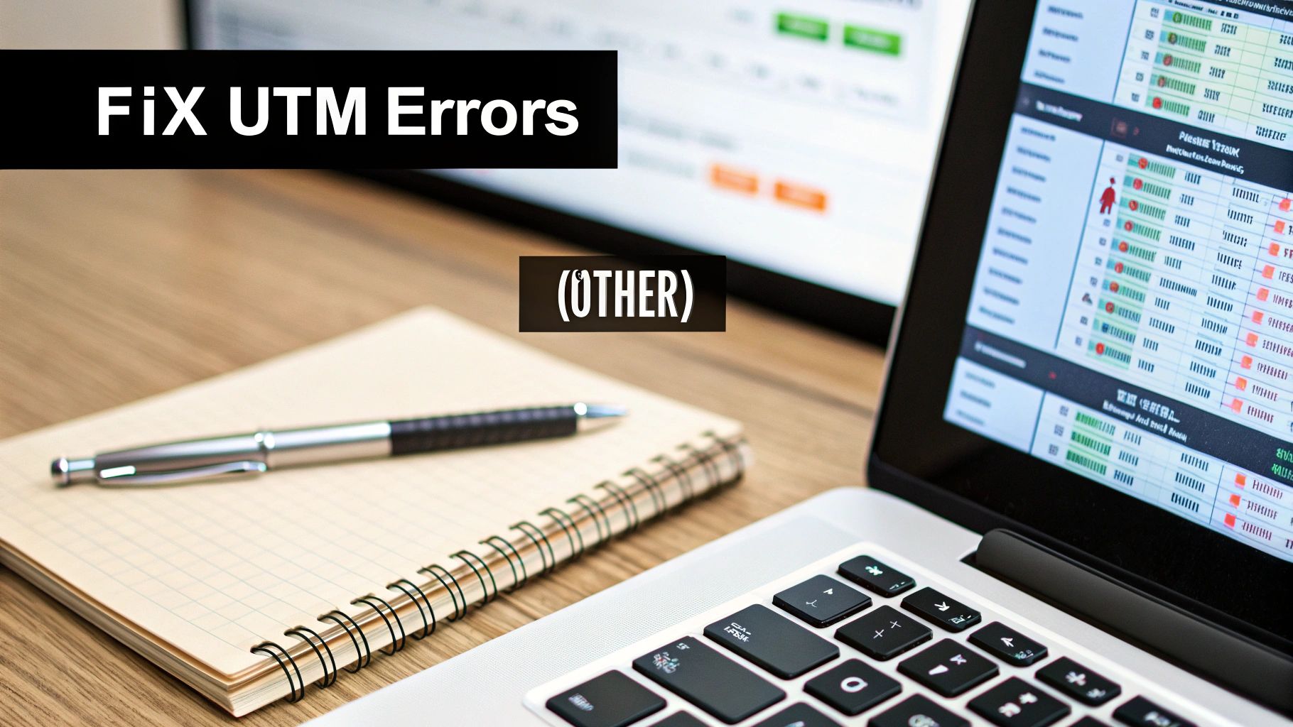 A desk setup with a laptop showing data, a notebook, and a pen, addressing UTM errors.