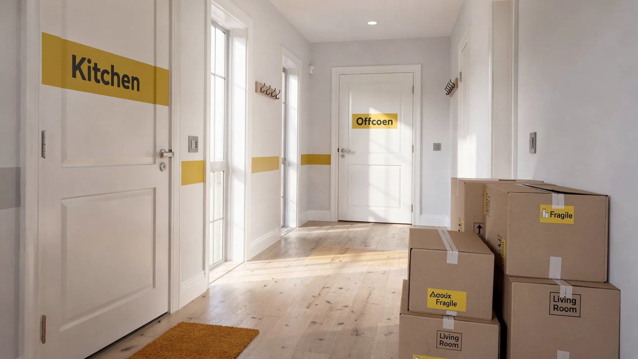 Inside a new home entryway with clear room labels on doors (Kitchen, Bedroom, Office), a few neatly stacked moving boxes, and a clear path for movers to carry furniture safely.