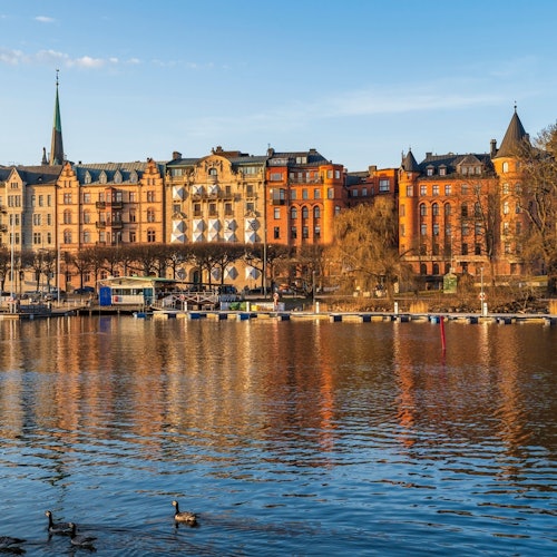 Färgglada historiska byggnader längs en strandlinje med änder som simmar i det lugna vattnet en solig dag.