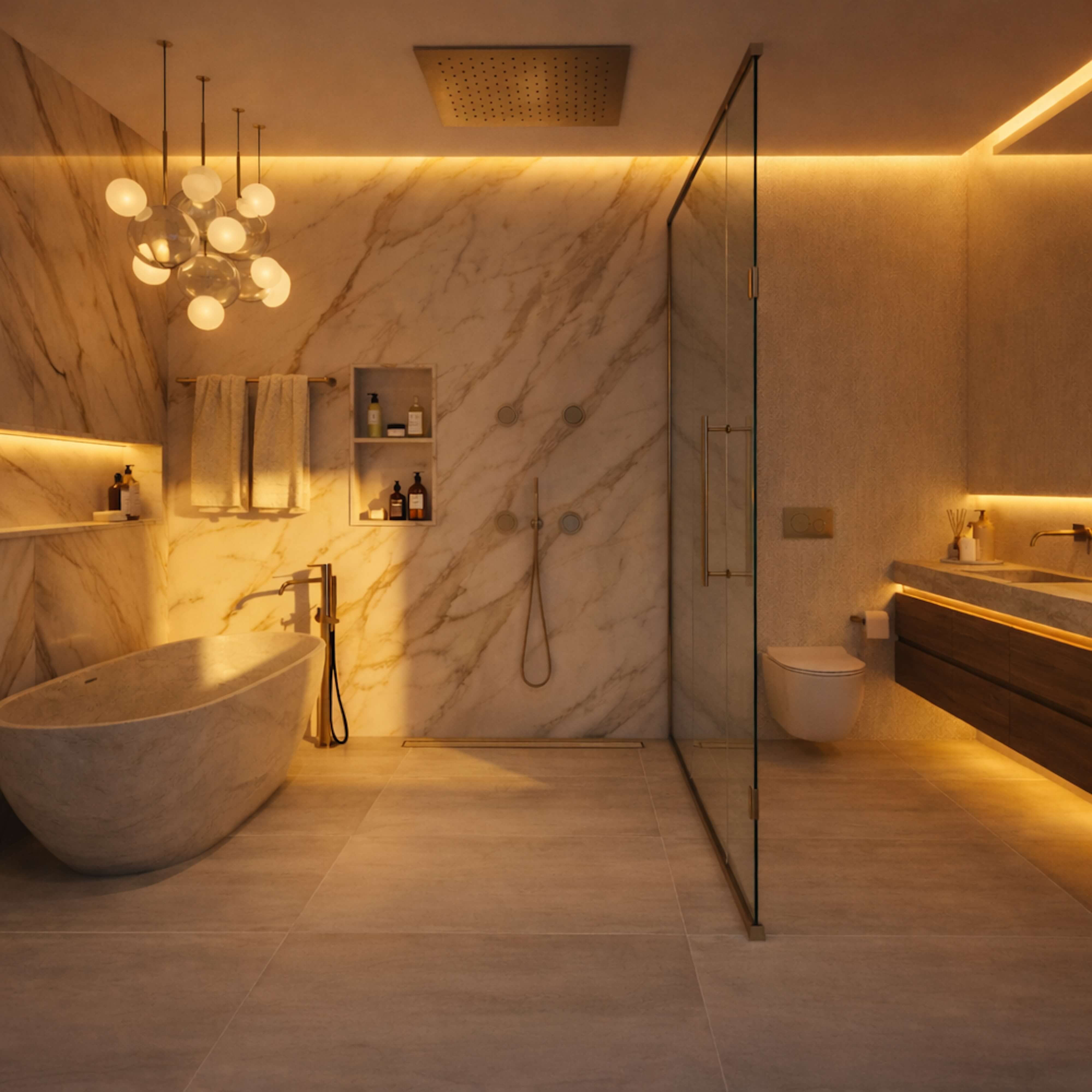 Modern luxury bathroom with marble walk-in shower, freestanding tub, brass fixtures, and soft ambient lighting for a calming spa-inspired design.
