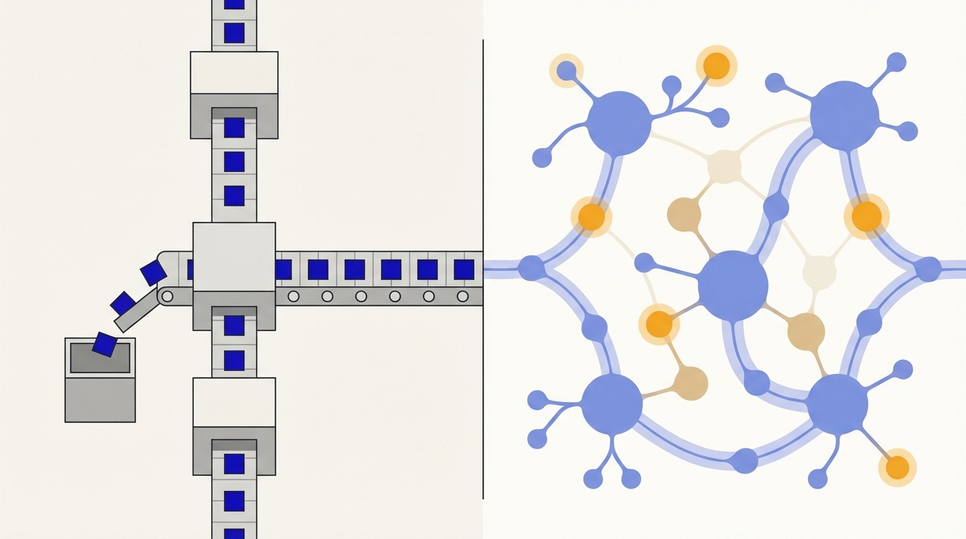 A split-screen infographic comparing linear, rigid keyword-based screening on the left with fluid, interconnected AI-powered matching on the right, using a professional earth-tone color palette.