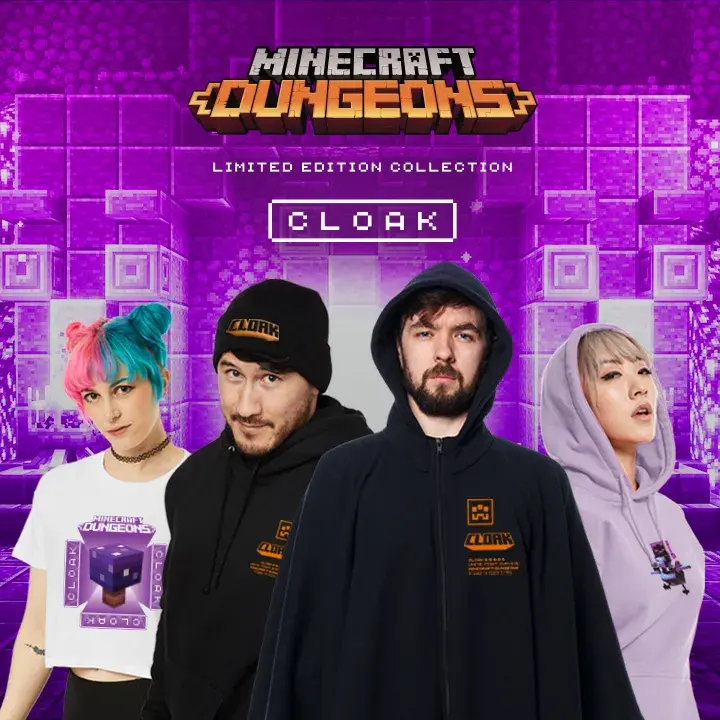 Four individuals posing in stylish outfits against a vibrant purple background with gaming-themed graphics.